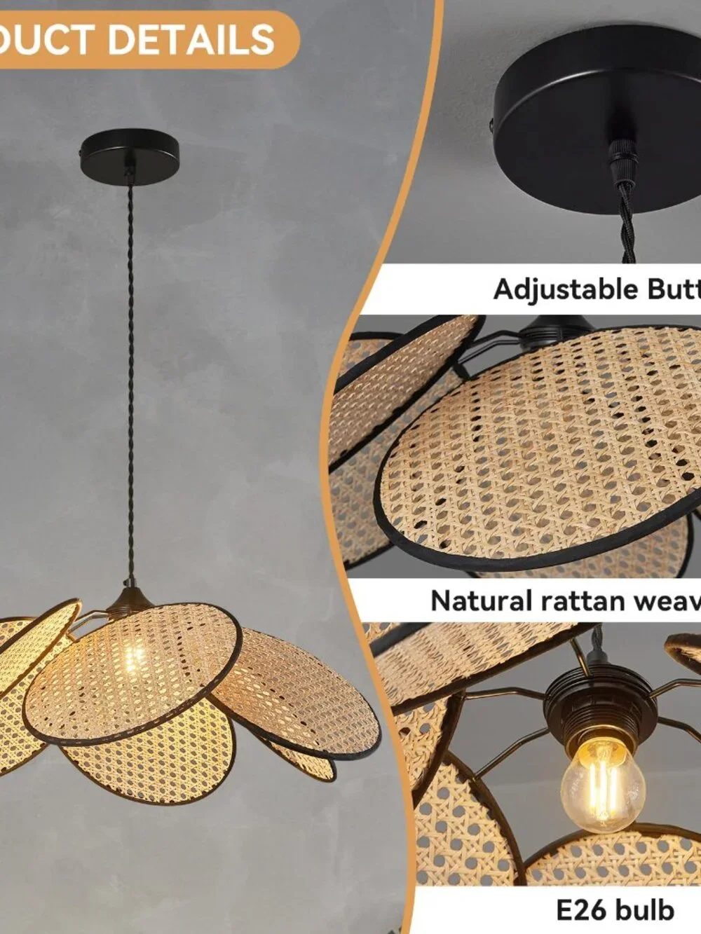 ADCTHOME 376-1 Boho Hemp Rope Rattan Pendant Light for Kitchen Bedroom